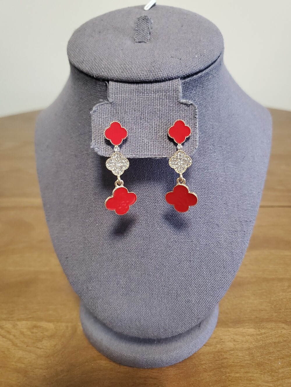 Red Clover Drop Earrings with Crystal Accents - Women's Jewelry